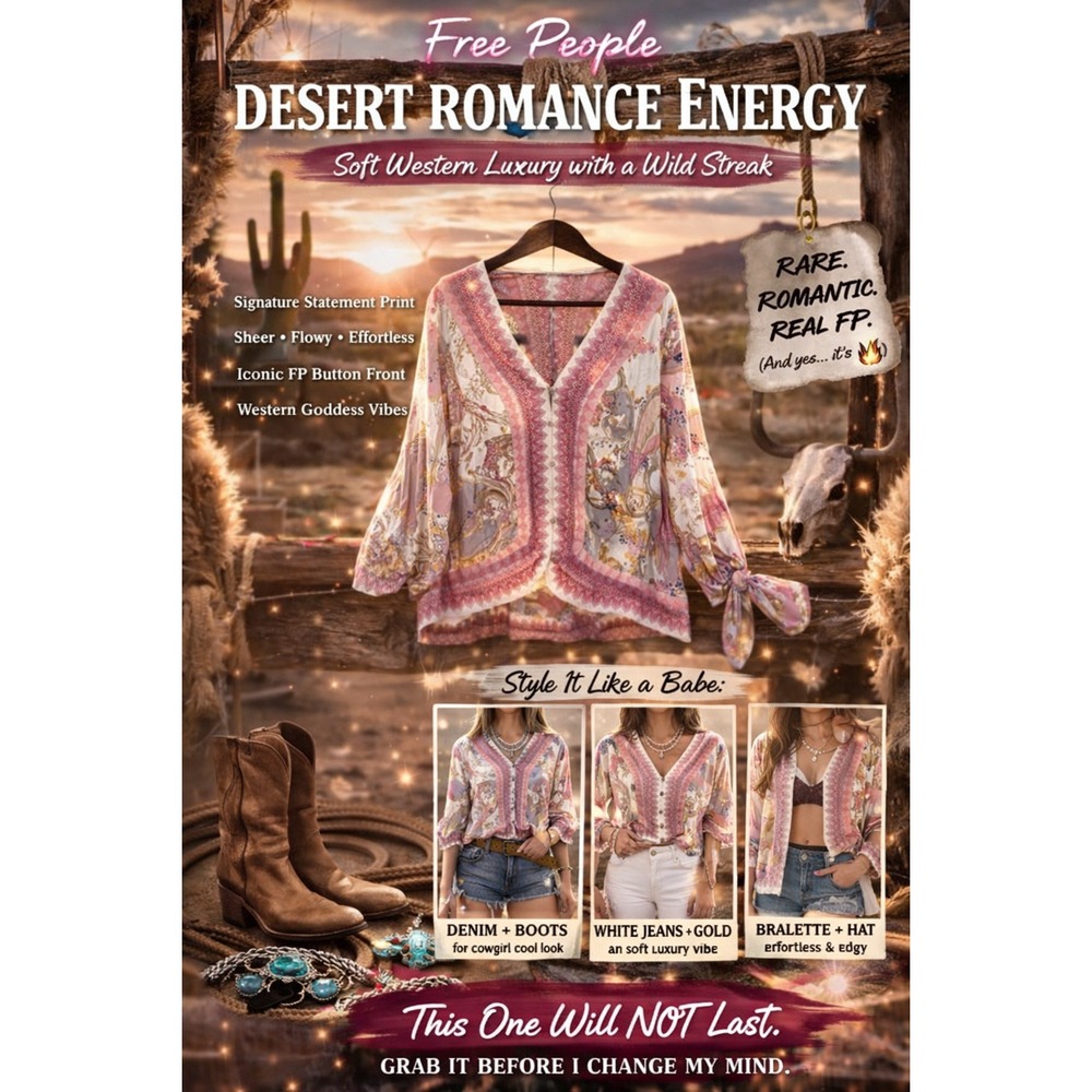 Free People Desert Romance Leopard Paisley Button Front Tie Cuff Blouse Pink S